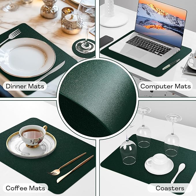 Faux Leather Placemats Set of 6, Vinyl Placemats Heat Resistant Place Mats, Waterproof Oil-Proof Wipeable Dining Table Mats and Coasters for Kitchen, Indoor, Outdoor (Deep Green)