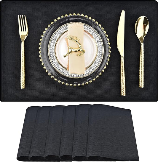 SLKQG Black Linen-Look Placemats Set of 6, Heat Resistant & Machine Washable Double-Layered Cloth Placemats for Dining Table, Indoor/Outdoor Use, Non-Slip Kitchen Table Mats (6, Black)
