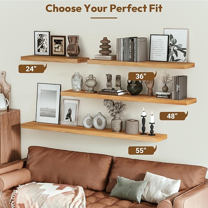 Vivelove Elm Wood Floating Shelves, Wooden Shelves for Wall with Invisible Bracket for Living Room Bedroom Bathroom Office Book, Rustic Farmhouse Decor Storage & Display, 48 Inch Set of 1- Natural