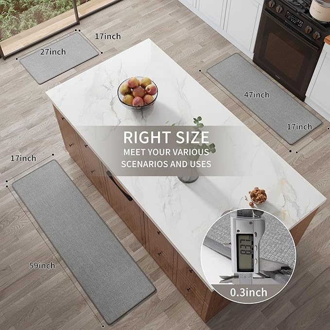 Kitchen Mat Kitchen Rugs Sets of 2 PCS Non Slip Washable, Linen-Like 0.3" Thick Cushioned Absorbent Kitchen Mats for Floor, Mild Anti-Fatigue Sink Laundry Standing Mat, Gray 17"x30"+17"x47"