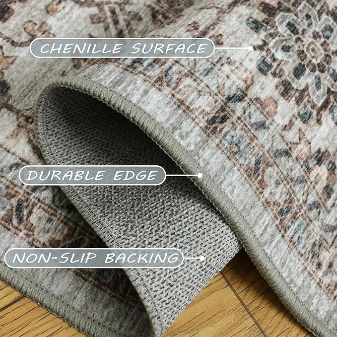 Fortsea Machine Washable Rug 8x10 - Vintage Inspired Distressed Design Large Area Rugs,Soft Durable, Stain Resistant, Non-Shedding, Easy Clean Area Rugs (Olive/Taupe, 8X10)