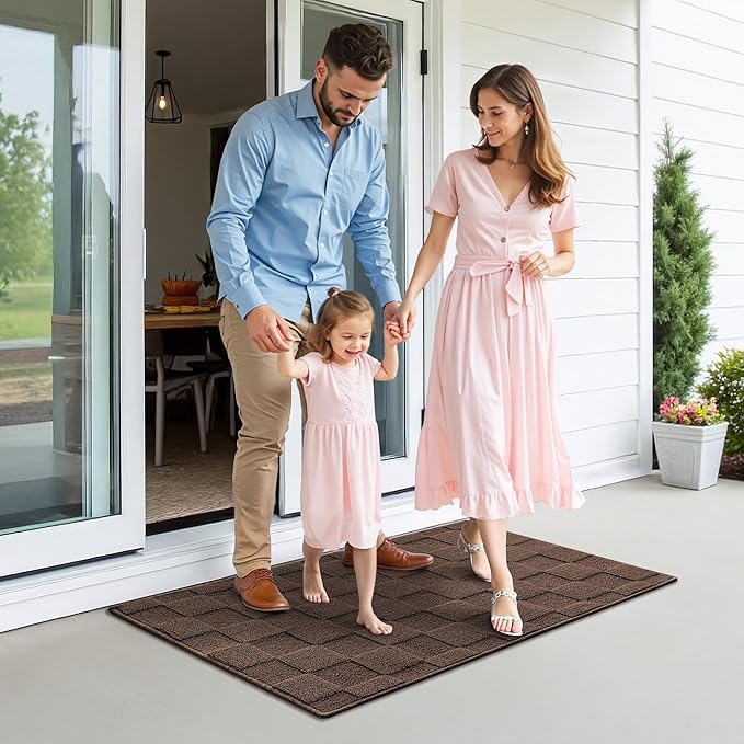 GRANNY SAYS Front Door Mat Outside Entrance, Door Mats for Entryway, Welcome Matt Non-Slip, Large Front Porch Mat Low Profile Resist Dirt, 48"x32", Dark Brown Check