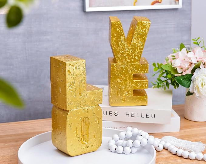 Book Ends Decorative Love Design,Modern Heavy Duty Gold Bookends for Shelves,Resin Book Holders, Book Stoppers for Home Desk Decoration, Unique Love Sculpture Bookends,Gifts for Christmas's Day