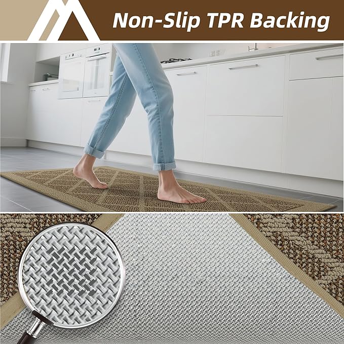 COSY HOMEER Kitchen Mats, 2 PCS Kitchen Rug Non Slip Washable, Absorbent Runner Rugs for Kitchen Floor, 100% Polypropylene Kitchen Sink Rug 24"x36" + 24"x60"(Beige)