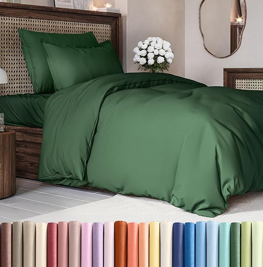 Duvet Cover Twin/Twin XL Size Set - Extra Soft Duvet Cover 68 x 90 with 1 Pillow Sham - Hotel Luxury, Easy Care and Fade Free w/ Zipper Closures & Ties - Comfy, Breathable Bedding Set (Emerald Green)