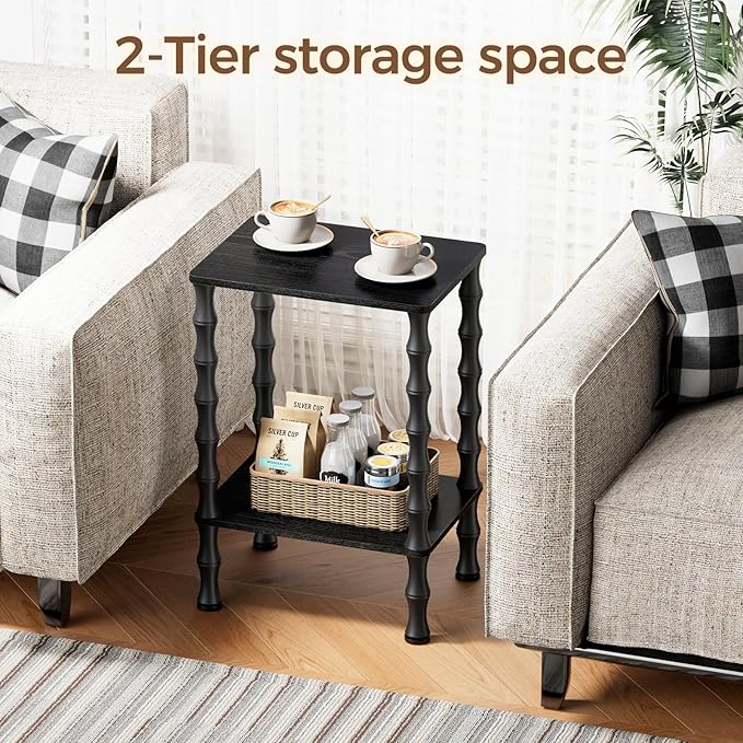 Side Table, 2-Tier End Table with Storage Shelf, Night Stand for Small Spaces, Modern Coffee Tables for Living Room, Bedroom (1, Black)