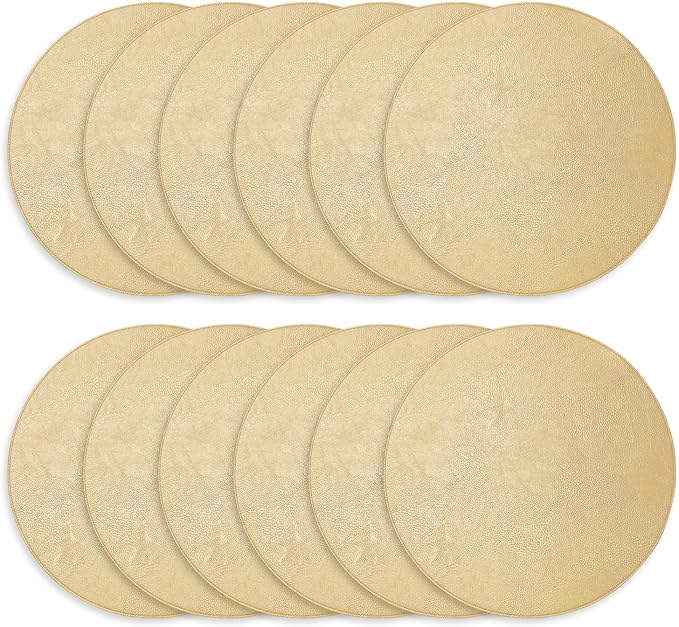 Morgan Faux Leather Round Set of 12 Placemats, 15",Gold, Heat Resistant, Stain Resistant, Non-Slip, Reversible, Durable Table Mats for Kitchen, Dining Table, Indoor Washable Use