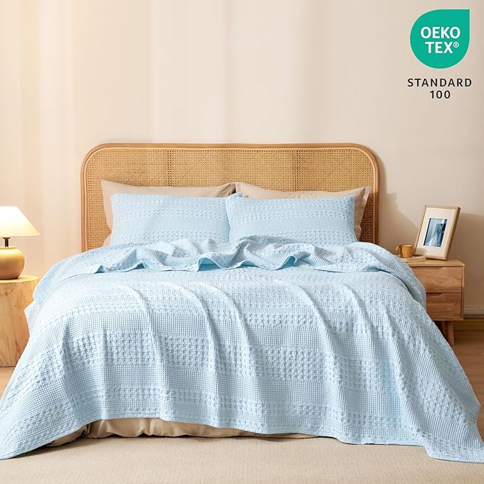 PHF 100% Cotton Waffle Weave Blanket King Size for Bed, Soft Lightweight & Breathable, All-Season Comfort, 300 GSM Luxury Aesthetic Blanket for Home Decor, 108"x90", Baby Blue