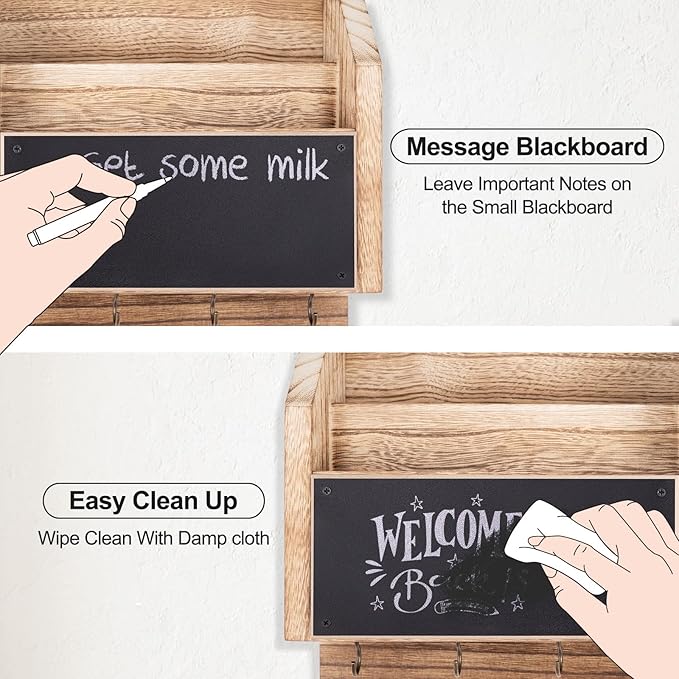 Mail and Key Holder – Wall Mount Key Hanger with Shelf and 7 Metal Hooks – Decorative Natural Paulownia Wood Entryway Organizer with Mounting Hardware (16.5”W x 8.7”H x 3.5”D) (Wood)