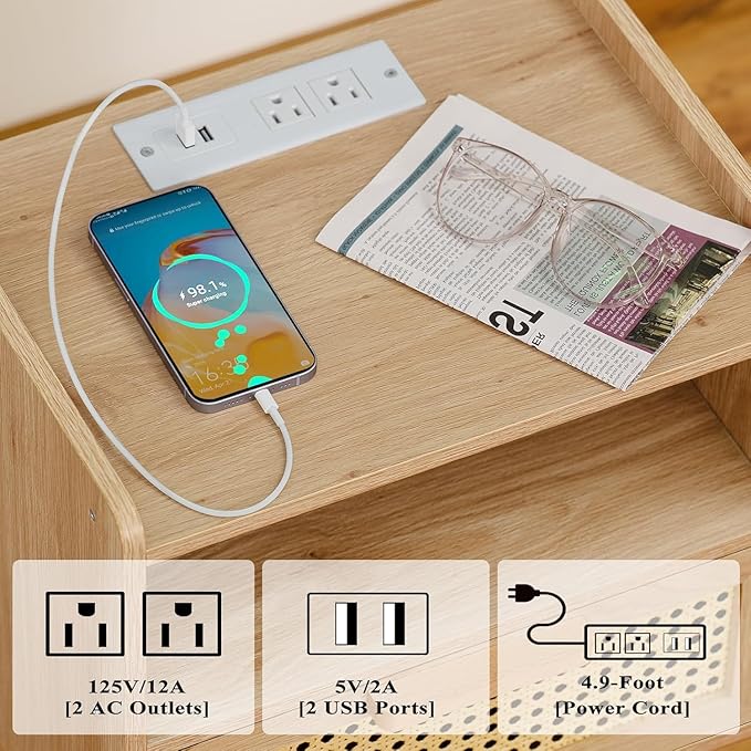 Lerliuo Rattan Nightstands Set of 2 with Charging Station, Boho Night Stand with Handmade Natural Rattan Drawer and Open Shelf, Side End Tables with Solid Wood Legs for Bedroom, Dorm, Small Spaces