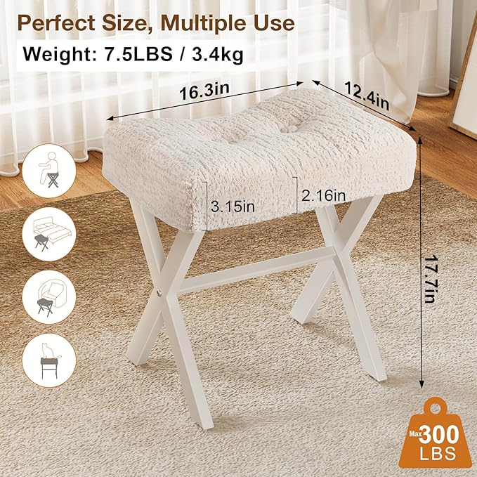 18-Inch Vanity Stool Chair, Vanity Bench with Metal X-Legs, Ottoman Accent Stool with Breathable and Soft Boucle Fabric Saddle Seat, Beige