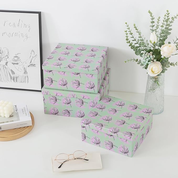 Soul & Lane Set of 3 Decorative Boxes with Lids, Square 11" x 11" Nesting Cardboard Storage for Home Décor in Green, Keepsake and Memory Boxes for Organizing, Sage Garden
