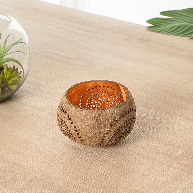 Restaurantware-Coco Casa 4 x 3.3 Inch Coconut Shell Candle Holders, 10 Reusable Tealight Holders - Candle Not Included, Rainbow Pattern, Tan Coconut Bowls For Candles, Handcrafted