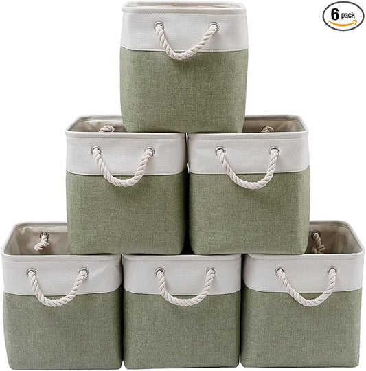 Fabric Storage Cubes, 11 inch cube storage bin with Handles, 11x11cube storage organizer bins, Collapsible Storage Bins for Shelves and Home, Cubby Storage Bins (white-green, 10.5x10.5x11in)