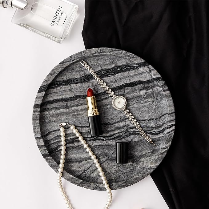 WORHE Natural Marble Vanity Tray for Bathroom Bedroom Kitchen Dresser, Round Decorative Trays for Jewelry, Perfume, Cosmetic, Candle, Countertop Storage Organizer for Home Decor Gray Black (WH017)