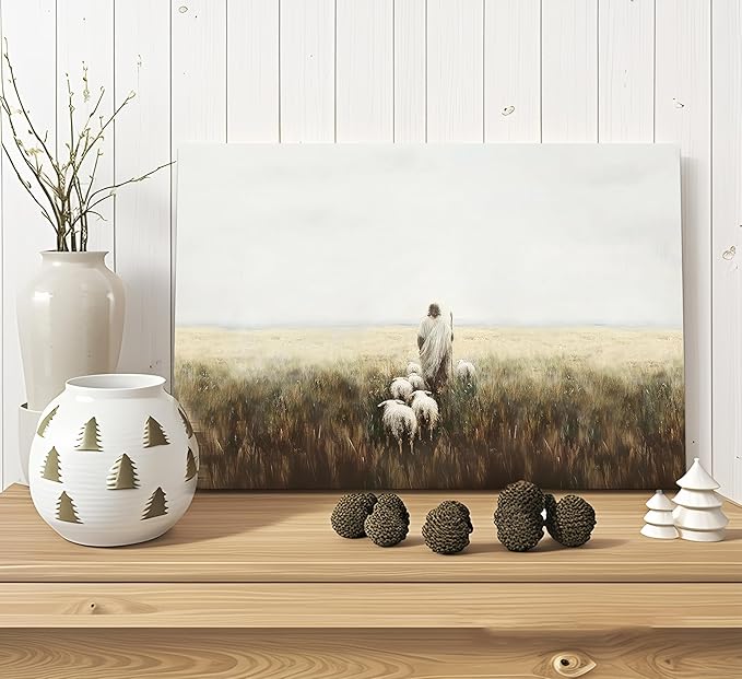 Jesus and Lamb Canvas Wall Art Vintage Christianity shepherd Painting Picture Wall Decor Jesus Leaves the 99 Sheep Inspirational Poster Print Artwork for Church Study Living Room Home Decoration