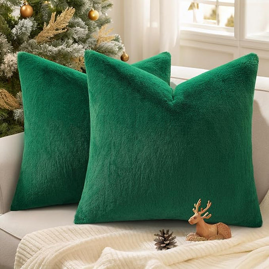 Pallene Faux Fur Plush Christmas Throw Pillow Covers 18x18 Set of 2, Soft Fluffy Couch Pillow Covers for Living Room, Christmas Green