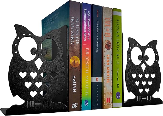 Metal Bookends, Owl Design, Black, 1 Pair, 6 Inch Tall