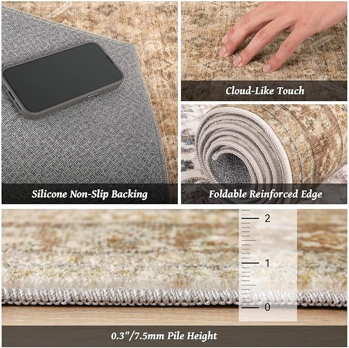 Washable 2x3 Entryway Rug, Boho Non-Slip Door Mat Vintage Distress Small Rugs for Kitchen Nursery Office Bedroom, 0.3" Neutral Oriental Throw Carpet with Cushioning Pad, Brown/White/Multi