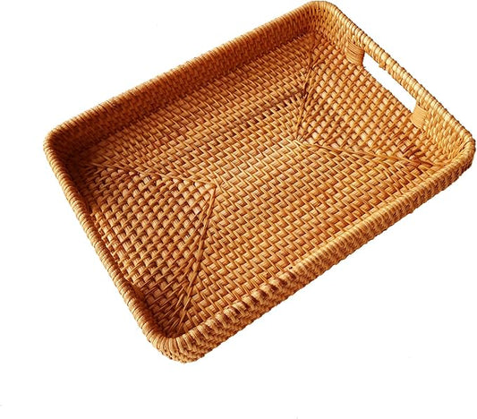 i-lan 13 Inch Handcrafted Serving Tray Rectangle Rattan Display Tray Plates with Cutout Handles and 2" Wall,Wicker Ottoman Coffee Table Decor Basket Tray Organizer Platter for Snack, Candy, Fruit,S