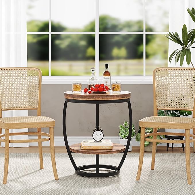 Round End Table, 2 Tier Industrial Side Table, Nightstand with Metal Frame, Accent Bedside Table with Storage Shelves for Living Room, Bedroom, Small Spaces, Rustic Brown & Black