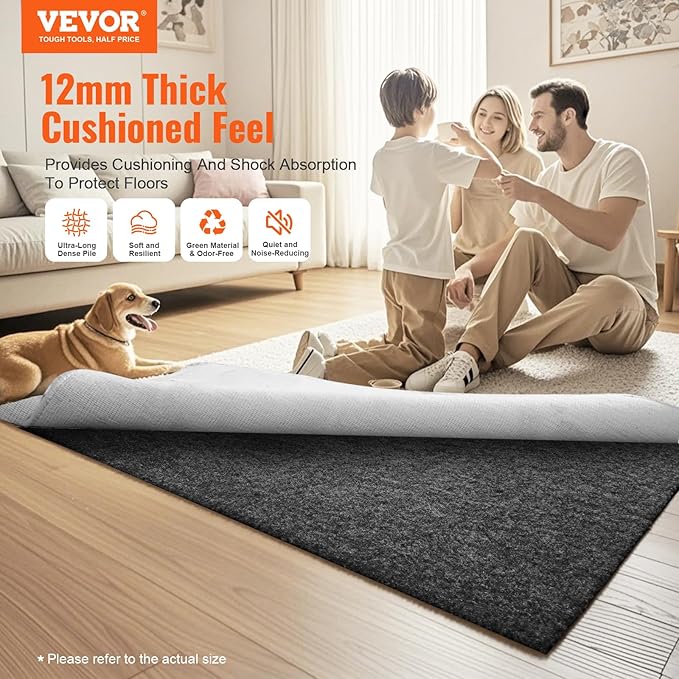 VEVOR Rug Pad Without Slip Resistance, 1/4" Thick 4'x6'(7.875' Actual) Dual Surface Protective Cushioning Carpet Pad, Polyester Felt + Latex, 1-2㎡ Area Carpet Padding Rug Cushion for All Floors, Gray