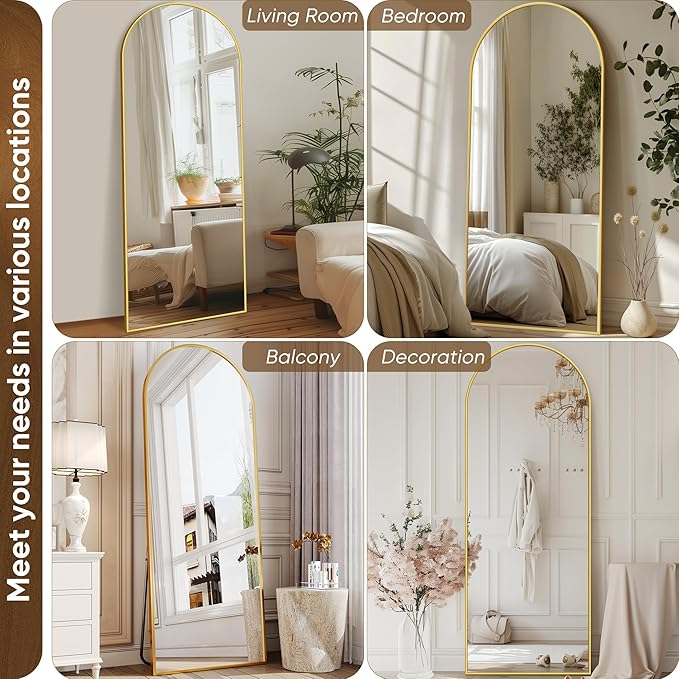 Antok Full Length Mirror, 58"x18" Floor Mirror with Stand, Hanging Mounted Mirrors for Bedroom, Living Room, Cloakroom, Dining Room, Gold, Arched