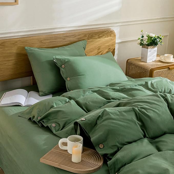 JELLYMONI Cotton Duvet Cover King Size - Green Comforter Cover with Button 100% Washed Cotton 3PCS Breathable Soft Solid Bedding Set Duvet Cover 104×90in & 2 Pillowcases (NO Comforter)