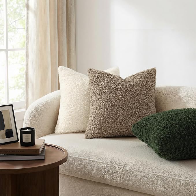 decorUhome Pack of 2 Throw Pillow Covers 24x24 Inch, Faux Fur Decorative Sherpa Pillow Covers Fuzzy Accent Soft Sheepskin Fleece Pillow Cases for Couch Living Room Bed, Neutral Cream