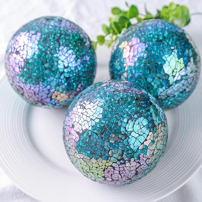 DomeStar 3PCS Decorative Balls for Bowls, 4 Inch Turquoise Orbs Glass Balls for Centerpiece Bowls Mosaic Sphere for Home Decoration Dining Table