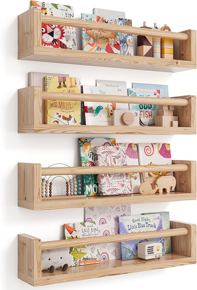 Nursery Wall Bookshelf Set of 4, Floating Bookshelves for Kids' Rooms, Toddler Bedroom Decor, Nursery (Wood, 16.5 Inches)