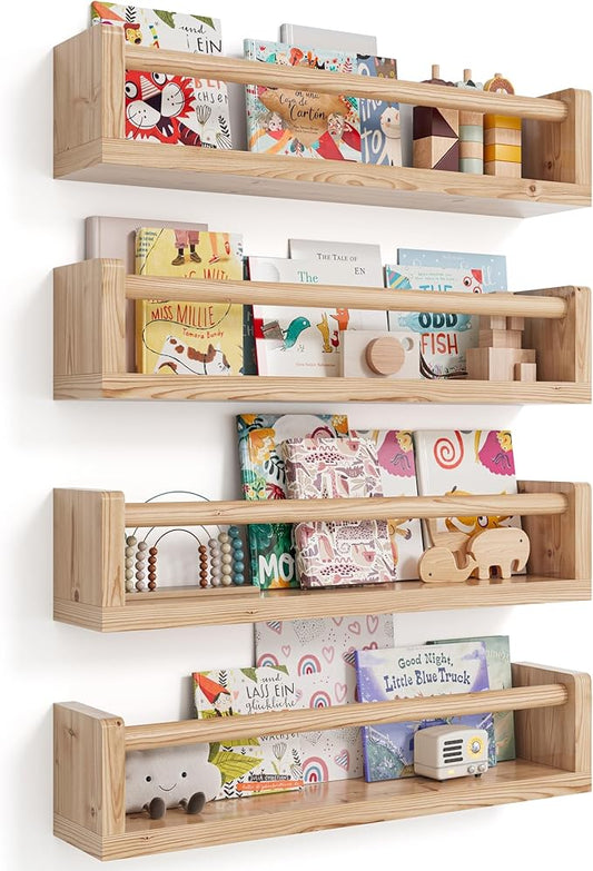 Nursery Wall Bookshelf Set of 4, Floating Bookshelves for Kids' Rooms, Toddler Bedroom Decor, Nursery (Wood, 16.5 Inches)