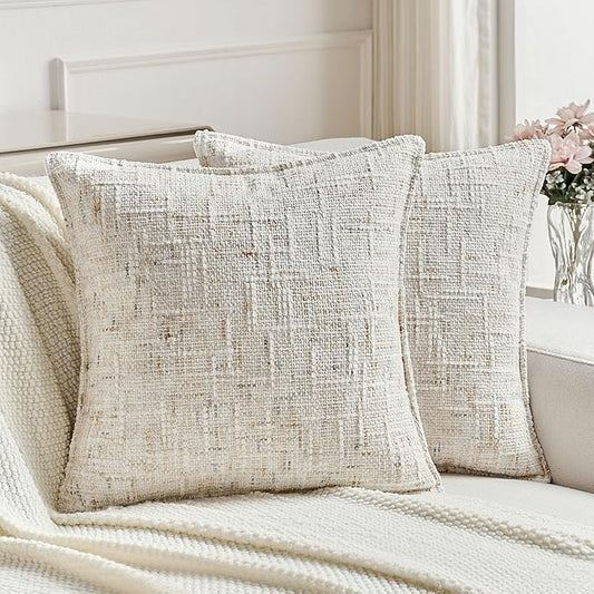 FUTEI Cream Decorative Throw Pillow Covers 18x18 Inch Set of 2,Soft Chenille Tweed Textured Cushion Case,Modern Home Decor for Couch Bed Living Room