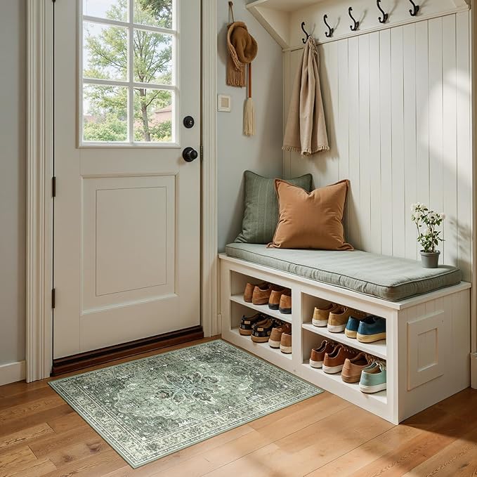 RELEANY Area Rugs 2'x3' Washable Non-Slip, Floral Vintage Distress Print Pattern Medallion Carpet for Living Room Bedroom Dining Room, Dark Green Gray