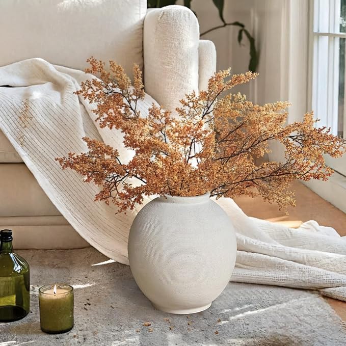 Large White Ceramic Vase, 10.8 inch Round Minimalist Textured Vase, Rustic Farmhouse Decor for Home, Living Room, Shelf, Table, Wedding & Entryway Decoration (Sandstone White)