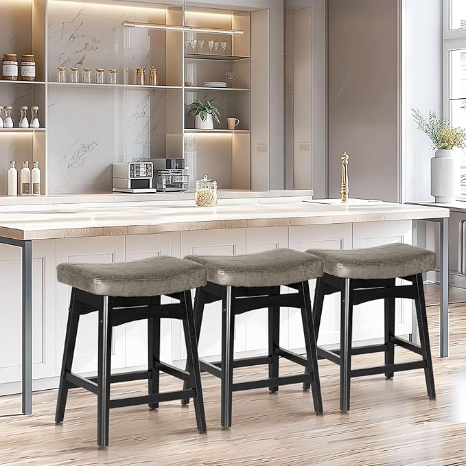 Sophia & William Counter Height Bar Stool for Kitchen Island,24" Counter Stools with Wooden Legs, Abrasive Leather Saddle Seat Bar Stool,Grey,1 PC