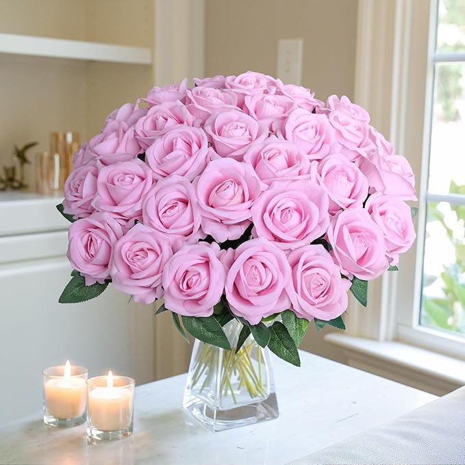 50 PCS Pink Roses Artificial Flowers, Fake Roses with Stem Realistic Silk Roses for DIY Wedding Bouquets Table Centerpieces Arrangements Baby Shower Birthday Home Decor Valentine's Day Gift for Her