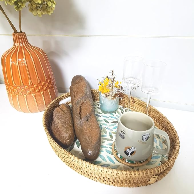 i-lan 17 Inch Blue Mother of Pearl Inlay Rattan Serving Platter,Rattan Coffee Bread Tray Display with MOP Inlay Wooden Base, Decorative Wicker Basket for Table Decor, Storage of Fruit,Candy