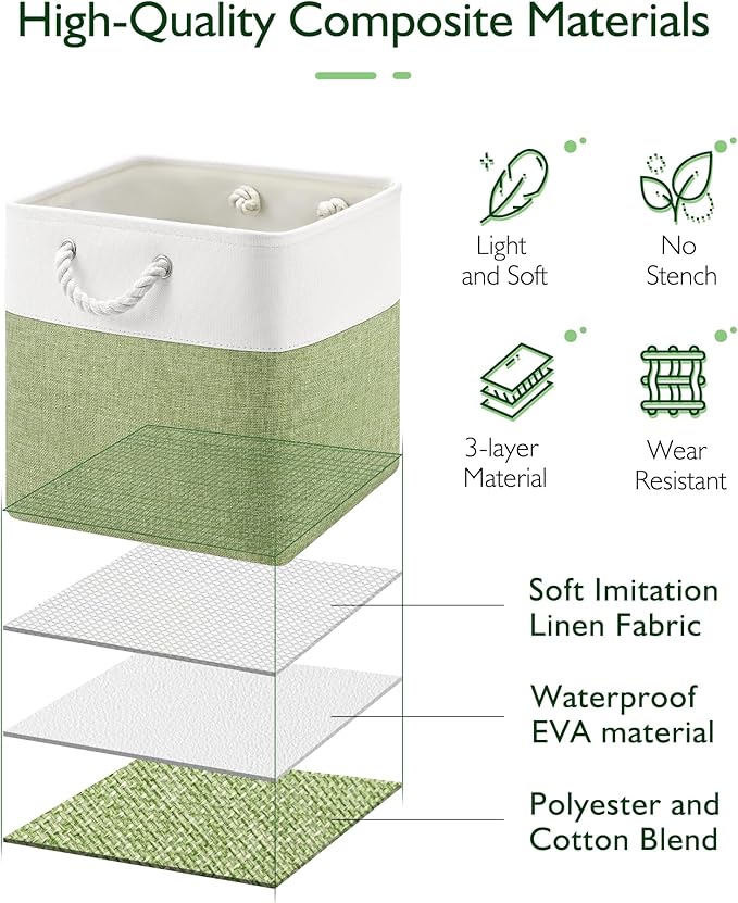 13x13x13 Storage Cube Bins,Set of 4, Large Foldable Fabric Storage Cubes with Handles for Organizing Home, Closet, Shelf, Office(White&Green)