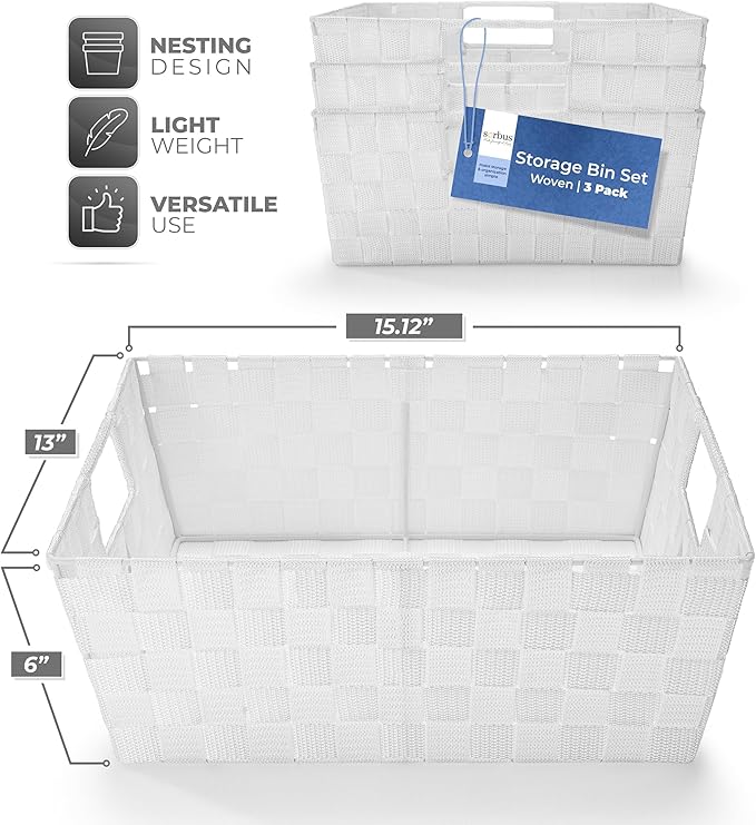Sorbus Set of 3 Large Woven Storage Baskets – Mesh Hand-Woven Baskets for Organizing, Fabric Storage Bins for Linen Closet Organizer, Storage Baskets for Shelves and Home Organization (White)