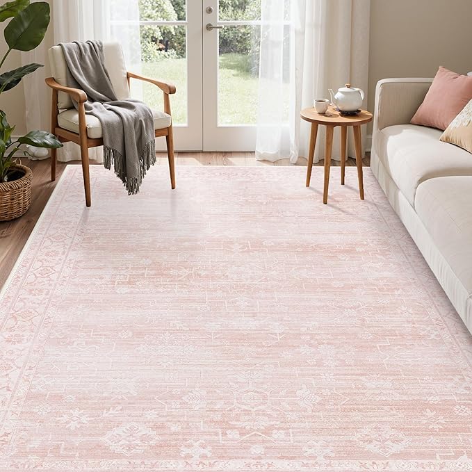 GENIMO 5x7 Area Rugs for Living Room,Machine Washable Non-Slip Vintage Rug, Low Pile Lightweight Carpet for Bedroom, Dining Room, Home Office, Stain & Fade Resistant,Pink