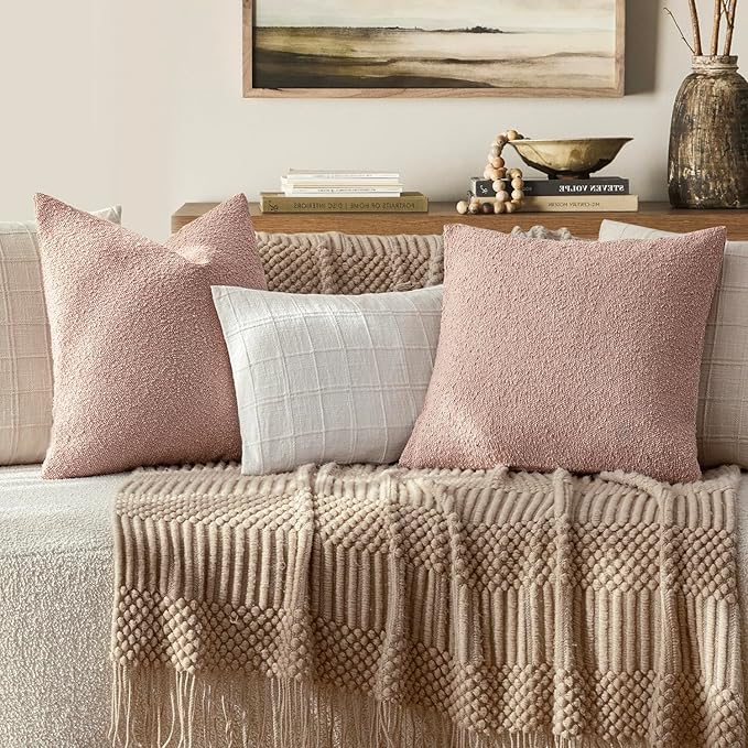 Foindtower Decorative Textured Boucle Throw Pillow Covers Accent Solid Pillow Cases Neutral Soft Cozy Couch Cushion Case for Chair Sofa Bedroom Living Room Home Decor 18x18 Inch,1PC,Light Pink