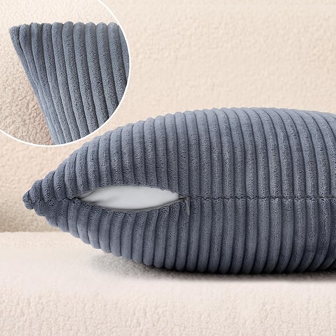 Mecatny Corduroy Decorative Throw Pillow Covers 18x18 Set of 2 for Sofa Living Room, Soft Neutral Boho Couch Pillow Covers for Home Decor, Blue Grey