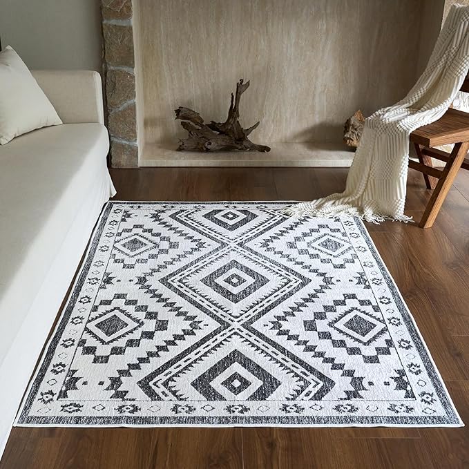 RAMEFILD Moroccan Washable Area Rug 4x6, Geometric Decorative Woven Rug Low Pile, Non-Slip Boho Accent Farmhouse Indoor Floor Carpet for Living Room Entryway Laundry Bedroom, Black and White