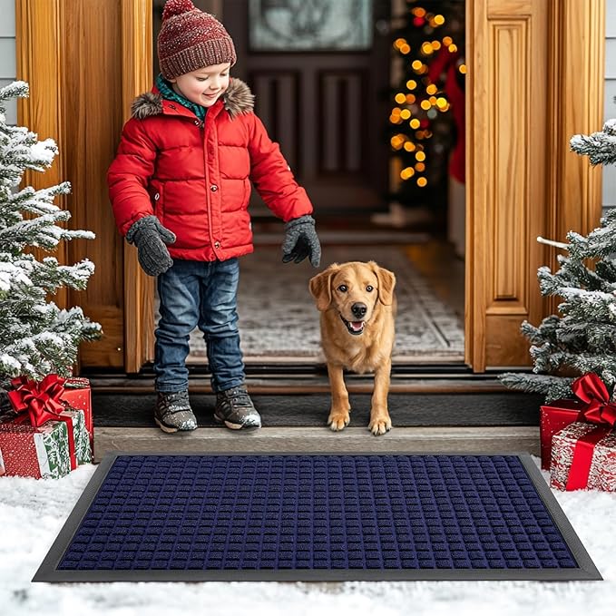 Smiry Front Door Mat Outside Entrance, Heavy Duty Natural Rubber Doormat, Non Slip, Trap Dirt and Moisture, Easy Clean, Low Profile Welcome Floor Mats for Indoor Outdoor Entry, 29.5x17 Inch, Navy Blue