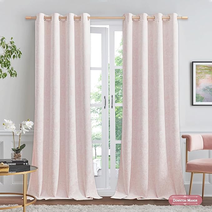 Beauoop Pink Floral Jacquard Blackout Curtains 63 Inches Long 2 Panels for Bedroom Living Room Chenille Flower Room Darkening Thermal Insulated Soundproof Grommet Window Treatments Drapes, 52x63