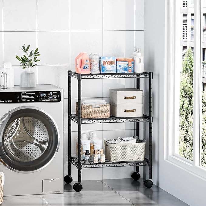 DUMOS 3 Tier Metal Shelving, Heavy Duty Shelves Wire Shelving Unit with Removable Wheel Casters, Shelves Organizer for Bathroom Garage Living Room Kitchen Pantry Laundry