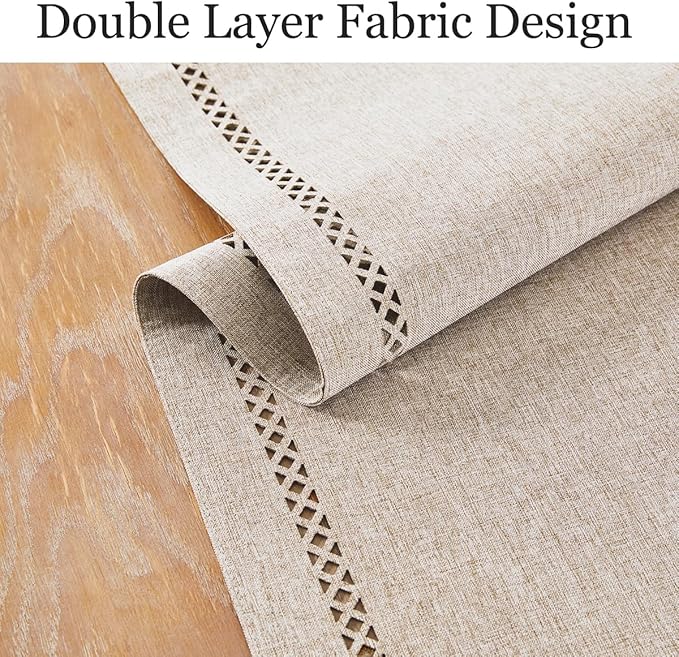 Burlap Style Farmhouse Table Runner, 13 x 108 Inch Coffee, Rustic Geometric Hollow Table Runners 108 Inches Long for Dresser Table Everyday Use, 13x108 Inches, Coffee