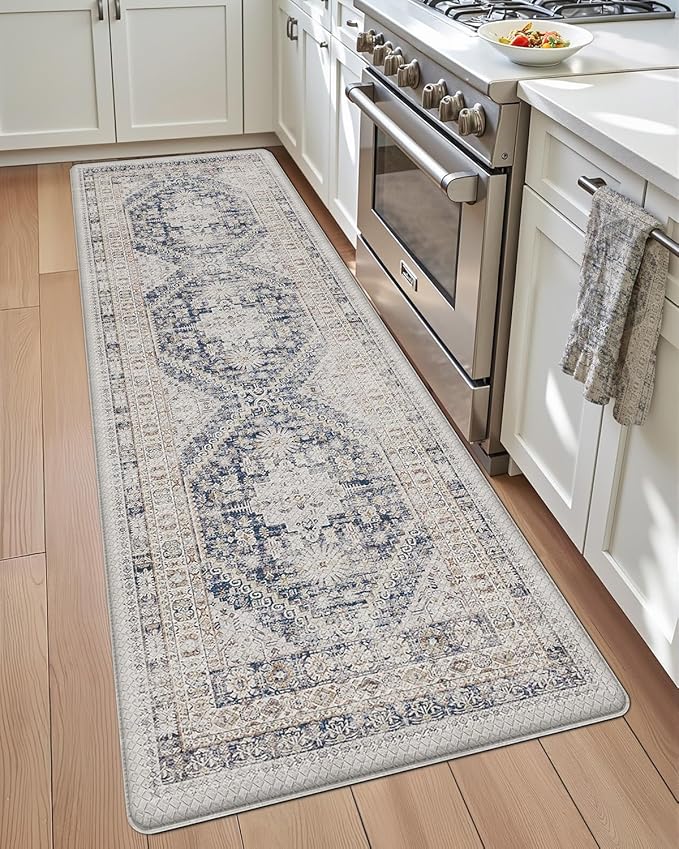 DEXI Kitchen Floor Mats Anti Fatigue, 23x86 Large Long Cushioned Vintage Runner Rug Waterproof, Standing Comfort Memory Foam Padded for Front Sink Laundry Office, White