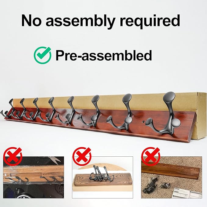 WEBI Coat Rack Wall Mount,24" Solid Wood Coat Hooks Wall Mounted Coat Hanger,16" Hole to Hole,Heavy Duty Hook Rack Rail,4 Triple Hooks for Hanging Coats,Jacket,Clothes,Hat,Backpack,Cherry